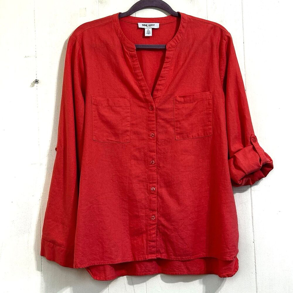 Nine West Jeans Women Coral Linen Shirt Size XL Button Down Roll Tab Sleeves